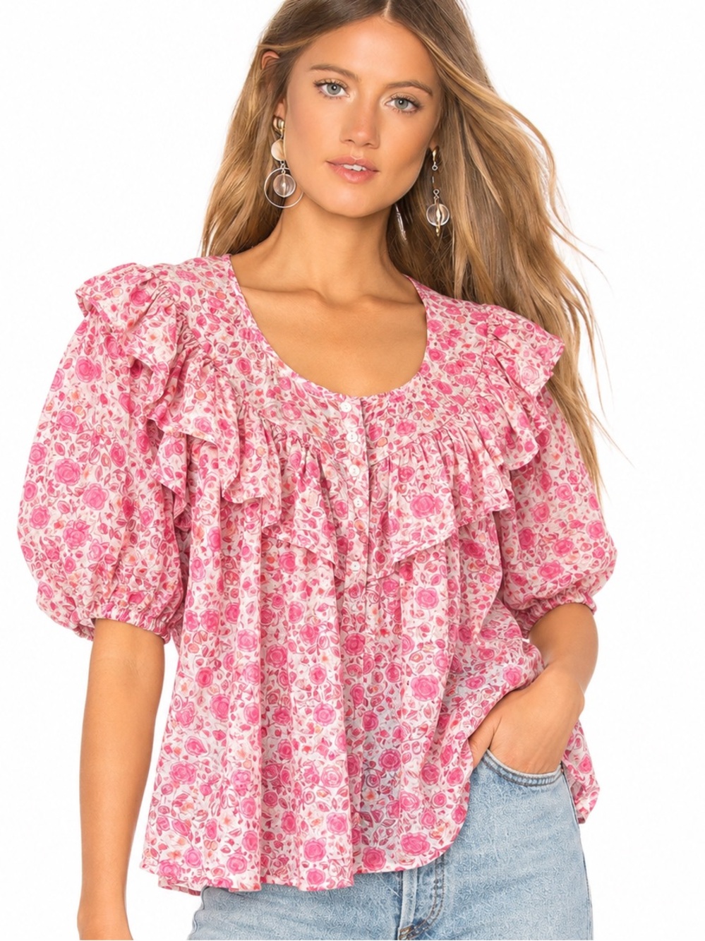 HESTER & ORCHARD Pink Floral Ruffle Peasant Top